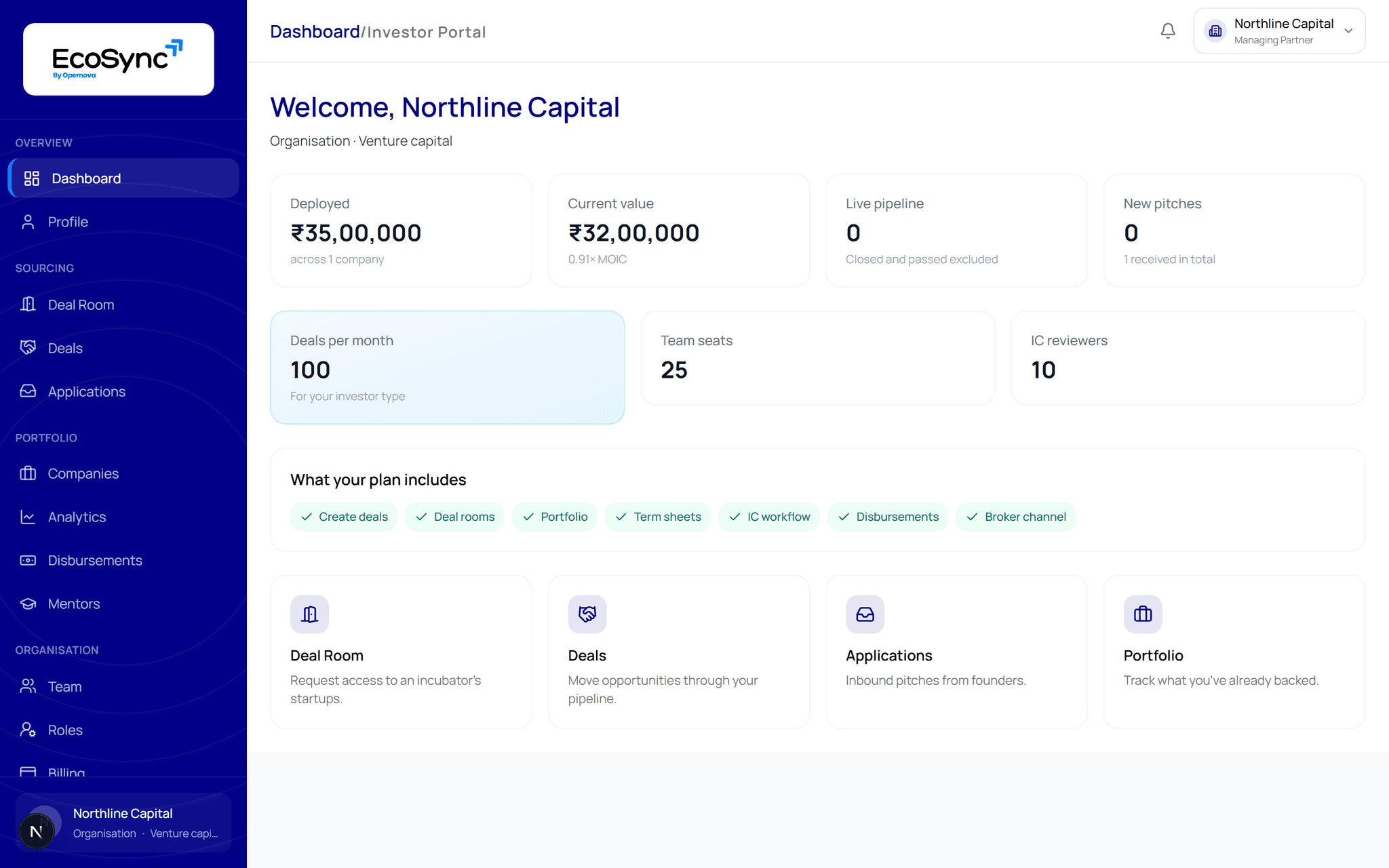 EcoSync investor portal dashboard showing capital deployed, current portfolio value and the deal pipeline