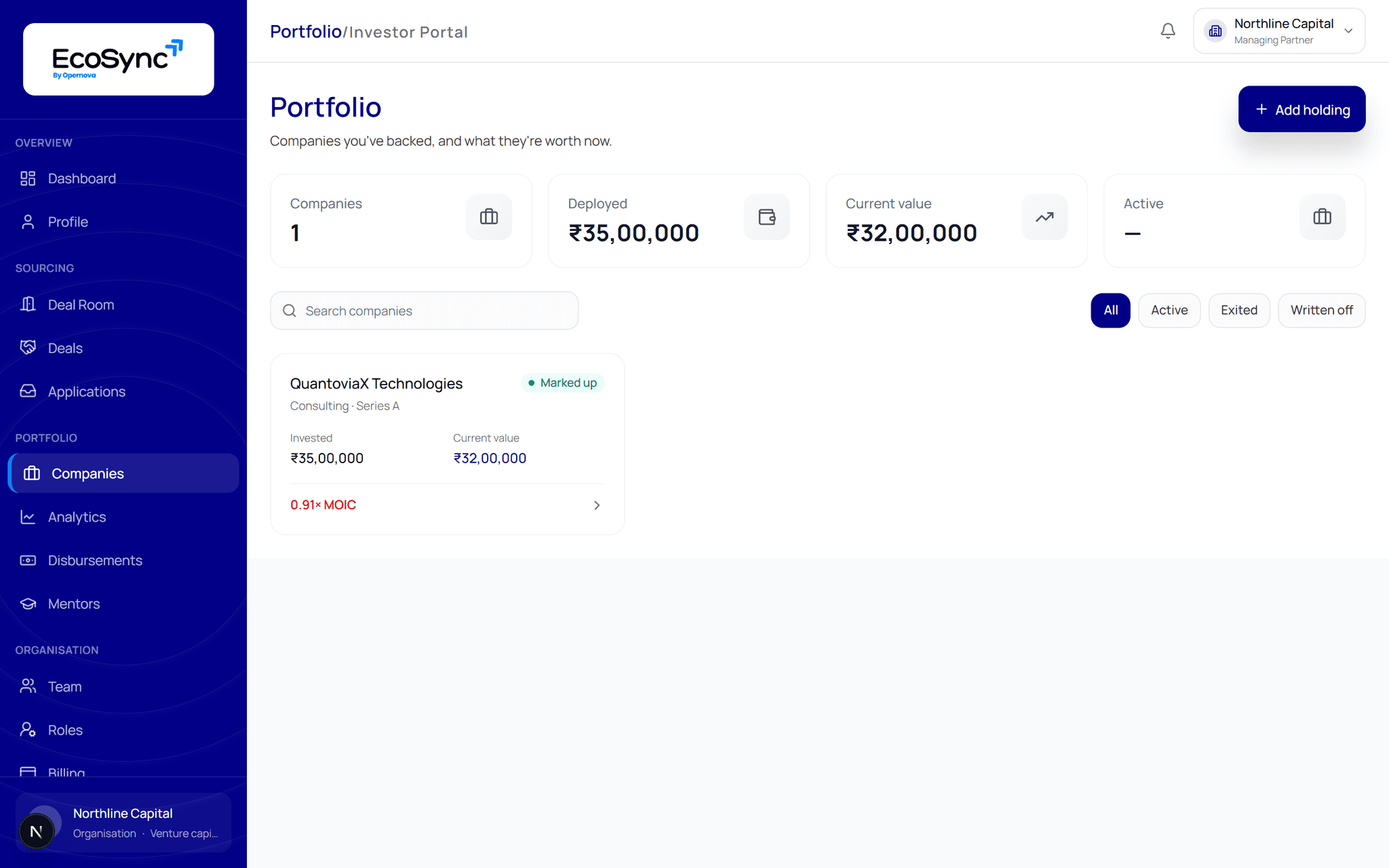 Investor portfolio in EcoSync showing a backed company with capital invested, current value and multiple on invested capital